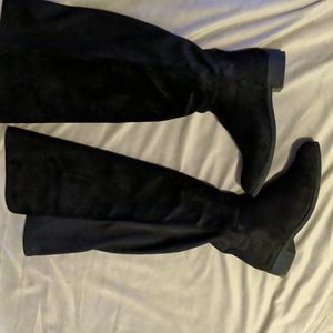 Over the knee black suede pull on extra wide calf boots
